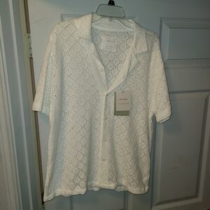Textured White Short Sleeve Button Down Mens Shirt Size L